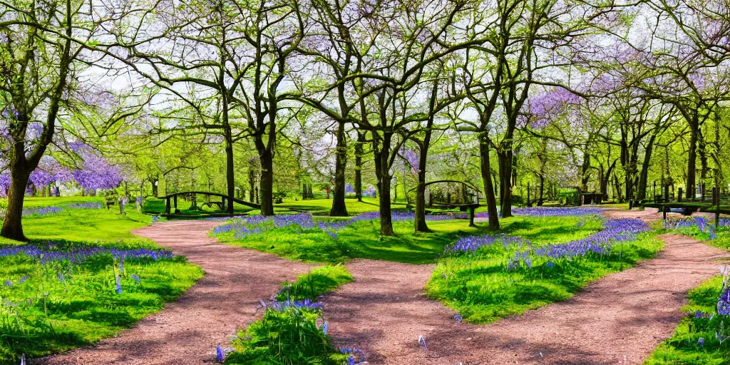 Prompt: a park filled with banks of bluebell flowers and a couple benches, containing a lake surrounded by a cobblestone walking path and crossed by a big beautiful sinuous bridge, scenery wallpaper, stylized, unsettling, and brilliantly colorful, haunted, dream-like, emotional, dramatic, romantic landscape, a few small shops here and there