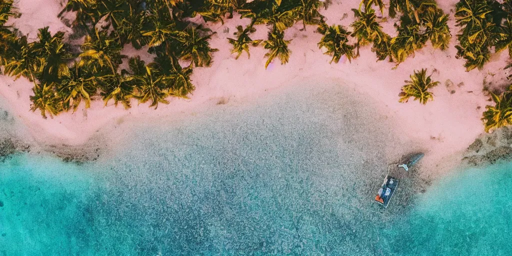 Prompt: aerial view of small house on a tiny island in the middle of the ocean!, peaceful waves, sandy beach surrounding the island, (((colorful clouds))), sunset, palm trees, digital art, artstation