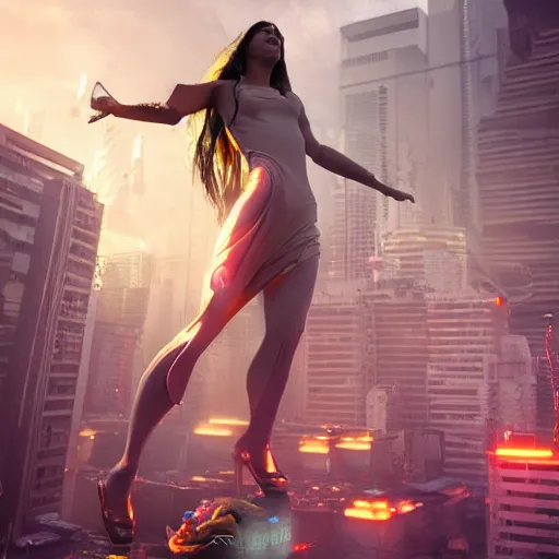 Prompt: A radiant goddess levitating in the middle of a cyberpunk city, a crowd worshipping her at her feet, cinematic, cinematic lighting, trending on Artstation, Cgsociety, detailed, 4k, very realistic