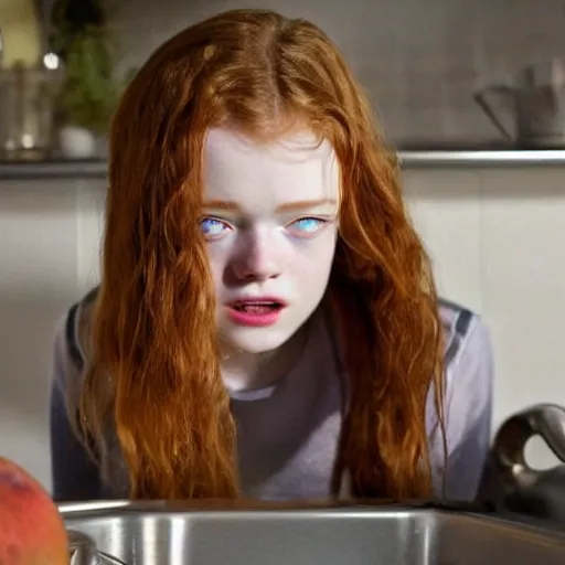 Image similar to sadie sink face popping out of a kitchen sink