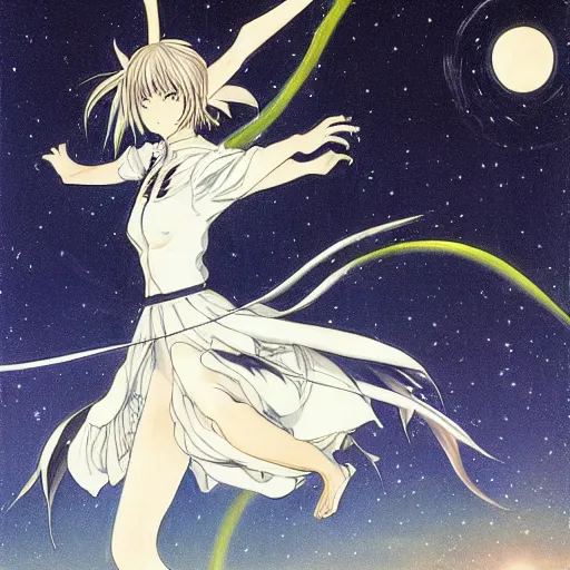 Image similar to it's an anime drawing by takeshi obata, it depicts a woman, lithe and graceful, leaping through the air, with a dozen swords, spinning, flying, and exploding all around her. in the background, the night sky is dark, filled with stars, and the moon is out, shining bright.