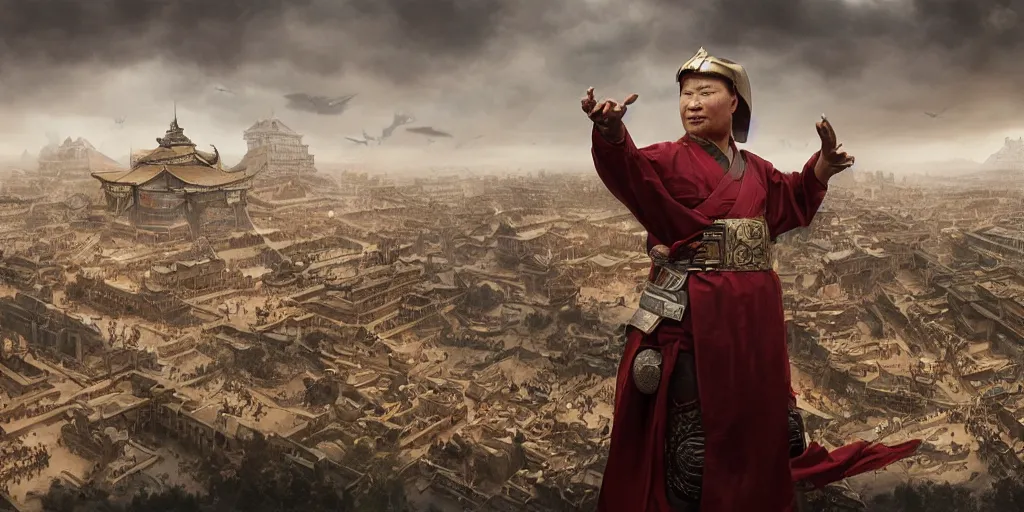 Image similar to han dynasty superhero emperor in a detailed matte painting by frieke janssens, featured on cgsociety, fantasy art, matte painting, reimagined by industrial light and magic, matte drawing