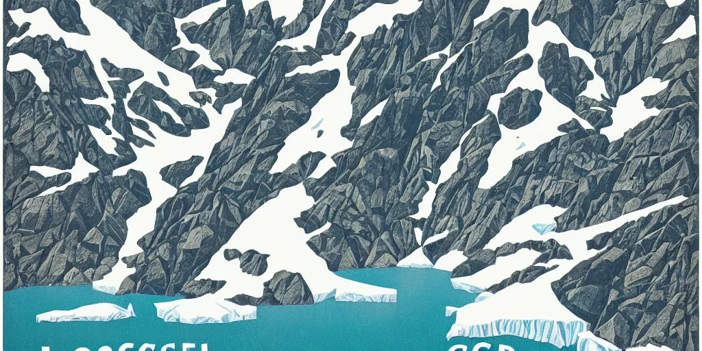 Prompt: beautiful idyllic poster illustration for a craggy ice glacier valley national park by ludwig hohlwein, ludwig hohlwein, graphic, clean bold design