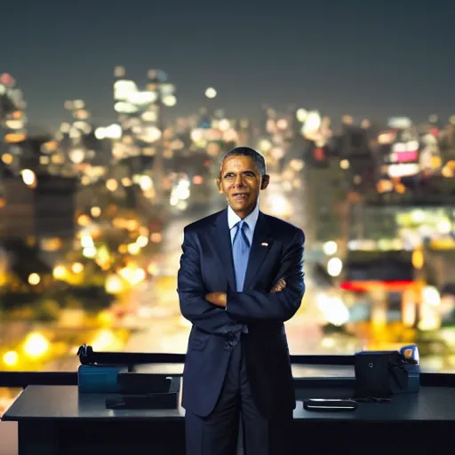 Image similar to a still of Barak Obama. Shallow depth of field. City at night in background, lights, colors ,studio lighting, mood, 4K. Profession photography