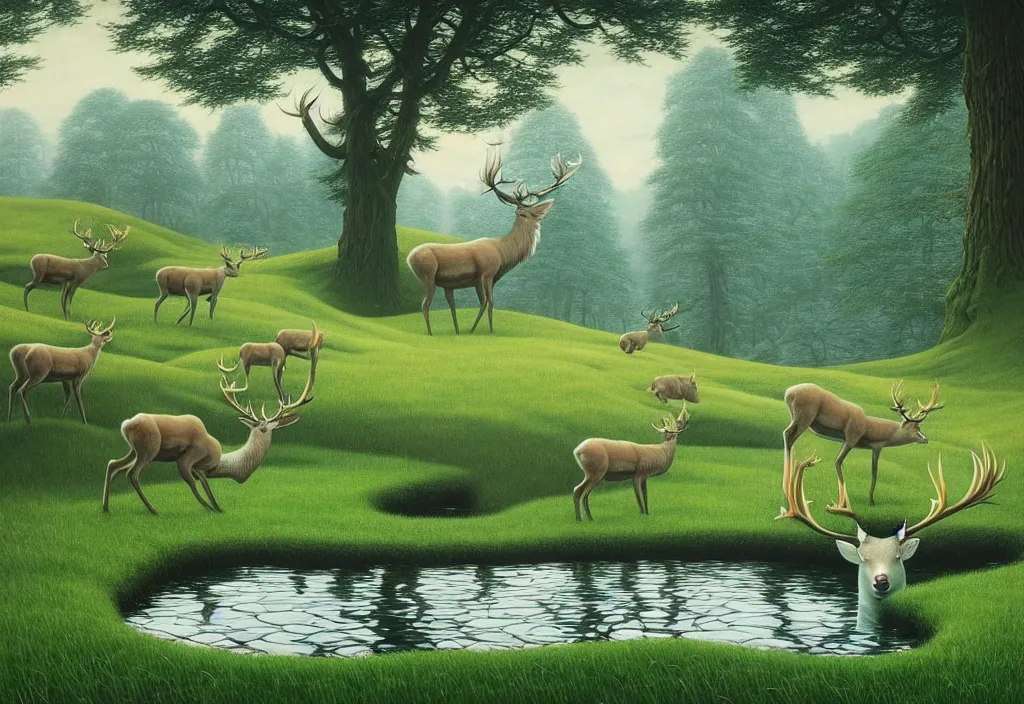 Image similar to hyper detailed 3d render like a Oil painting - white stag drinking from reflecting pool in a peaceful lush meadow, by Jacek Yerka, Mariusz Lewandowski, Houdini algorithmic generative render, Abstract brush strokes, Masterpiece, Edward Hopper and James Gilleard, Zdzislaw Beksinski, Mark Ryden, Wolfgang Lettl, hints of Yayoi Kasuma, octane render, 8k