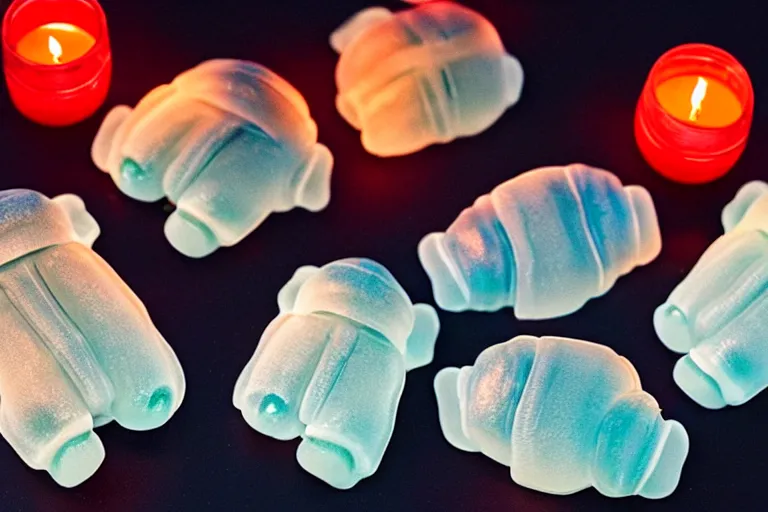 Image similar to haribo gummy tardigrades, food photography, dramatic lighting, candles