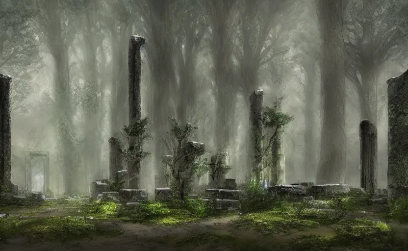 Image similar to mausoleum ruins, fir forest, rain, fog, megaliths, highly detailed, digital painting, architecture, artstation, concept art, sharp focus, illustration