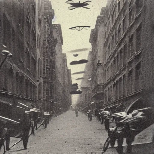 Image similar to grainy 1800s photo of a city street with flying machines above