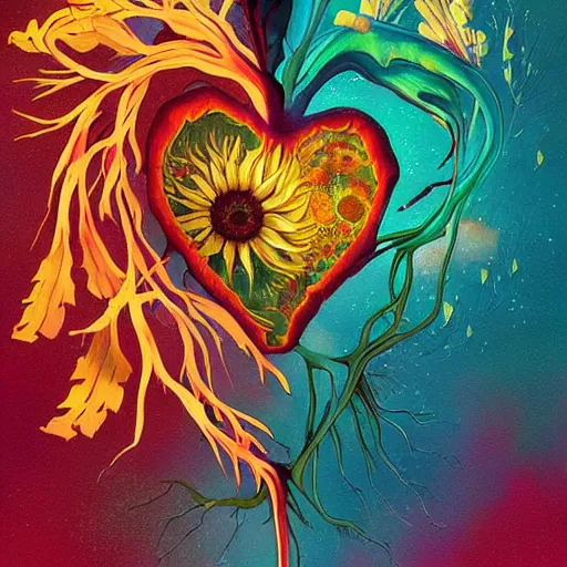 Prompt: a beautiful painting by Anato Finnstark and Victo Ngai of an anatomically correct heart bursting out of an anatomically correct skeletal rib-cage and exploding into rainbows and sunflowers, trending on artstation hq