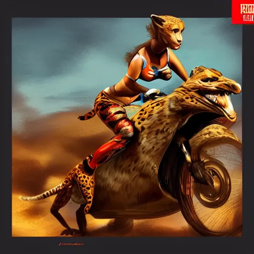 Image similar to girl riding a cheetah on a race track, trending on artstation