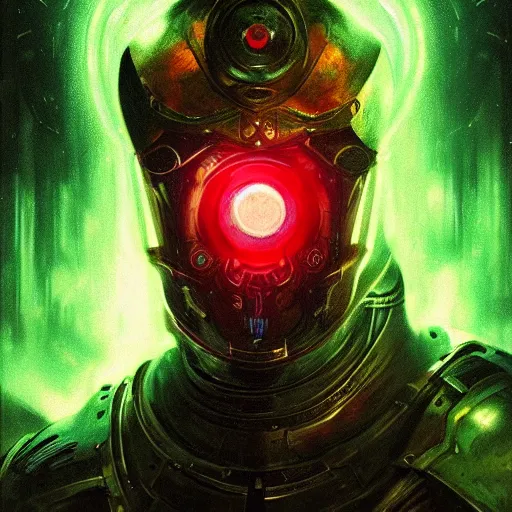 Image similar to portrait of an evil robotic man as a paladin in full shining armor with one beautiful green glowing eye, oil painting, digital painting, intricate detail, vivid color, neon color, artwork by ross tran + raymond swanland, background artwork by steven outram