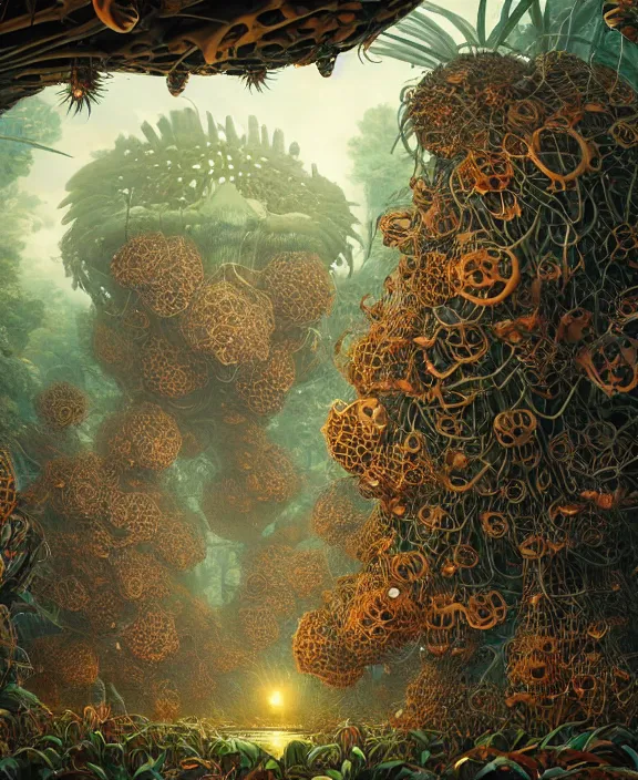 Image similar to a giant weird industrial plant hive made out of isopod dragonflies, in the style of a strange giant asymmetrical fungus, overgrown with disturbing orchids, godbeams, partly cloudy, somber, dramatic lighting, by dan mumford, yusuke murata, makoto shinkai, ross tran, cinematic, unreal engine, cel shaded, featured on artstation, pixiv