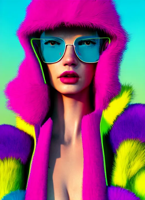 Image similar to stylish coat for a rave, bright colors, many details, prints, photo for a magazine, photo for a store, fashion photography, Vogue, 135 mm, cinematic, hyper realism, high detail, octane render, 8k, chrome accents, very coherent symmetrical artwork, perfect face model, full length photo, Upper and lower body