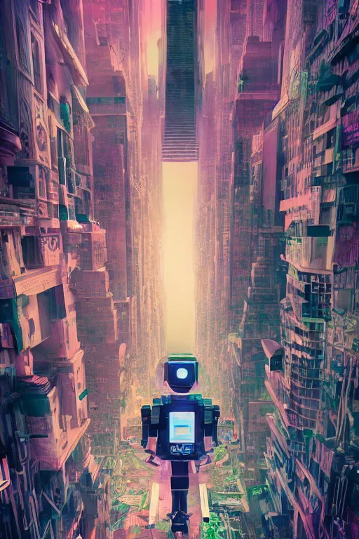 Image similar to the infinite arts of the dream robots taking over new york by mia brownell, very detailed, maximalism, ambient occlusion, volumetric light, atmospheric haze, hyper realism, futuristic but colorful shading, cinematic composition, realistic render, photography, wide shot