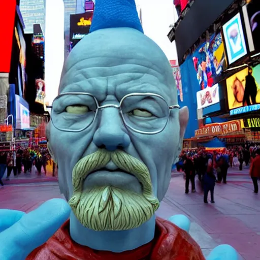 Image similar to a photograph of a very detailed renaissance sculpture of walter white wearing a smurf hat standing in times square, made by michelangelo, from the distance, hyper detailed, sharp focus, 8 k resolution, ray tracing