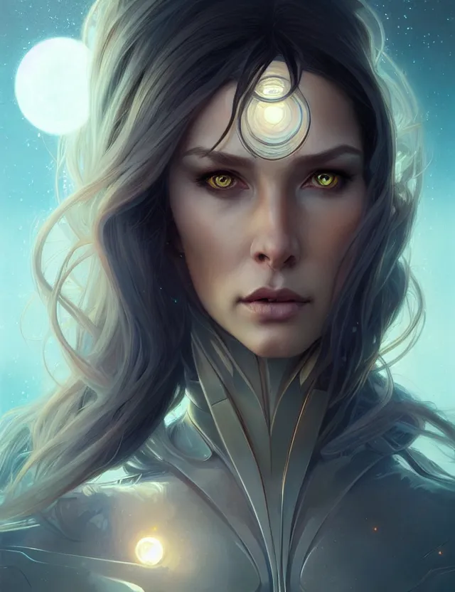 Image similar to futuristic woman portrait, sci-fi, amber eyes, face, long hair, fantasy, intricate, elegant, highly detailed, digital painting, artstation, concept art, smooth, sharp focus, illustration, art by artgerm and greg rutkowski and alphonse mucha