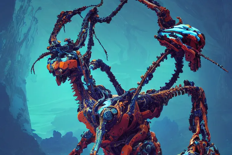 Image similar to portrait of a posed hyper detailed kaki and ultramarine leaplasher evangelion realistic mechanical and fleshy organic creature similar look as horizon forbidden west horizon zero dawn bioluminiscence in a dark deep forest at dawn in spring, with reflection and textures, by kilian eng, substance painter reaslitic mech surface metal painted scratches