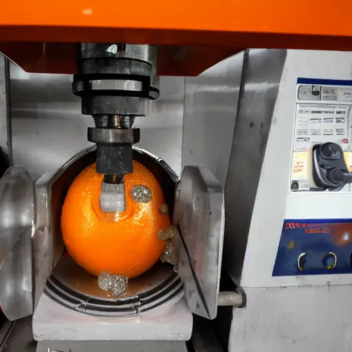 Prompt: the annoying orange getting crushed under a hydraulic press