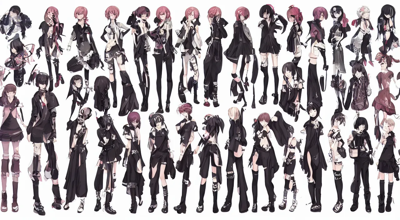 Prompt: fashion, shibuya, anime, game, characters reference sheet, high quality, ultra detailed