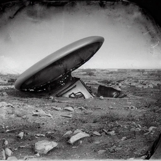 Prompt: tintype, wide view, thundra ufo crash site, team of scientists studying captured alien, photorealistic, highly detailed