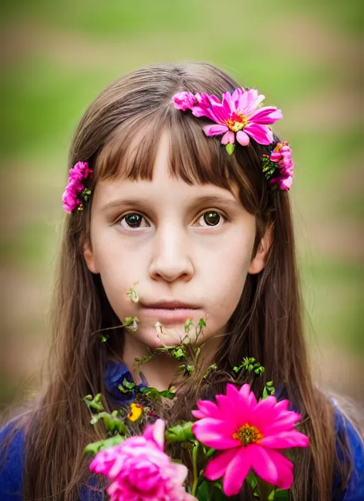 Prompt: portrait of a 9 year old woman, symmetrical face, flowers in her hair, she has the beautiful calm face of her mother, slightly smiling, ambient light