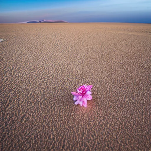 Prompt: a single small pretty desert flower blooms in the middle of a bleak arid empty desert, in the background a large topaz crystal sticks halfway out of the sand, sand dunes, clear sky, low angle, dramatic, cinematic, tranquil, alive, life.