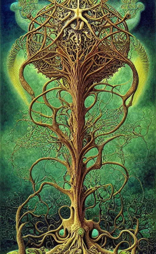 Image similar to tree of life by roger dean and andrew ferez, art forms of nature by ernst haeckel, divine chaos engine, symbolist, visionary, art nouveau, botanical fractal structures, organic, detailed, realistic, surreality