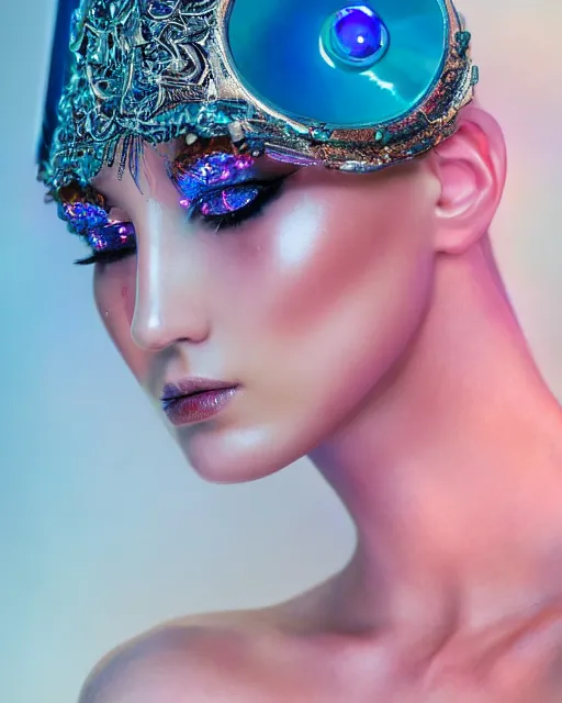 Prompt: natural light, soft focus portrait of a android with soft synthetic pink skin, blue bioluminescent plastics, smooth shiny metal, elaborate ornate head piece, piercings, venetian mask, skin textures, by annie liebovotz, paul lehr,