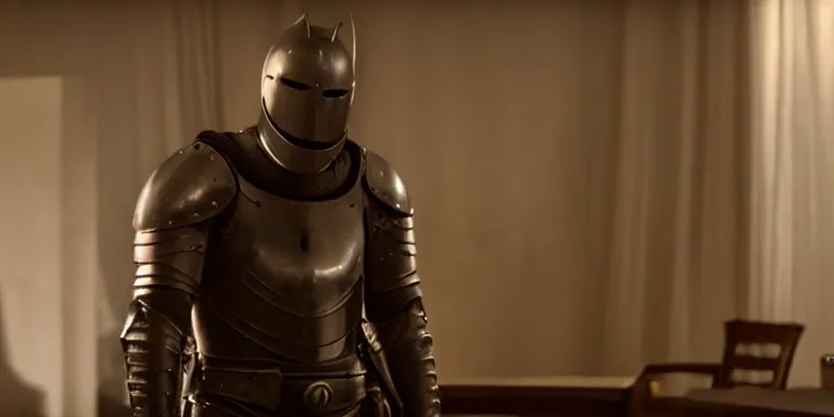 Image similar to still frame from a movie, wide shot of an relieved ben affleck in a 15th century knight suit, centerframe, medieval background, rule of third, alexa 65, cooke prime 25mm, cinematic, film grain, flare