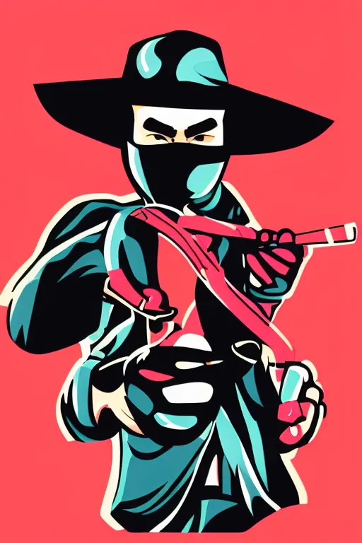 Image similar to a vector based illustration about a gangster ninja the style of pop art, negative space is mandatory, no gradients, black ink on white background, smooth curves, vector spline curve style