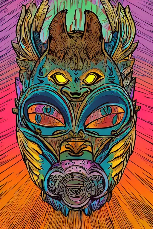 Image similar to totem animal mask tribal feather gemstone plant wood rock shaman vodoo video game vector cutout illustration vivid multicolor borderlands comics by josan gonzales and dan mumford radiating a glowing aura