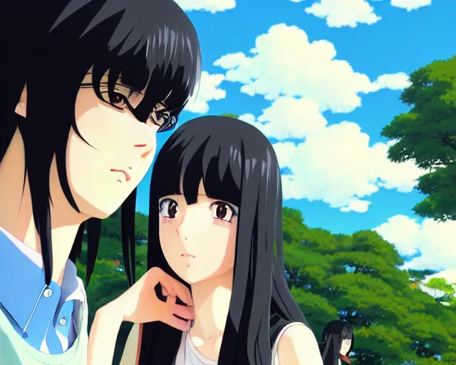 Image similar to beautiful anime girl with long black hair and bangs, beautiful anime guy with black hair, wearing black clothes, siblings, fine details portrait, japense village in background, bokeh. anime masterpiece by Studio Ghibli. illustration, sharp high-quality anime illustration in style of Ghibli, Ilya Kuvshinov, Artgerm