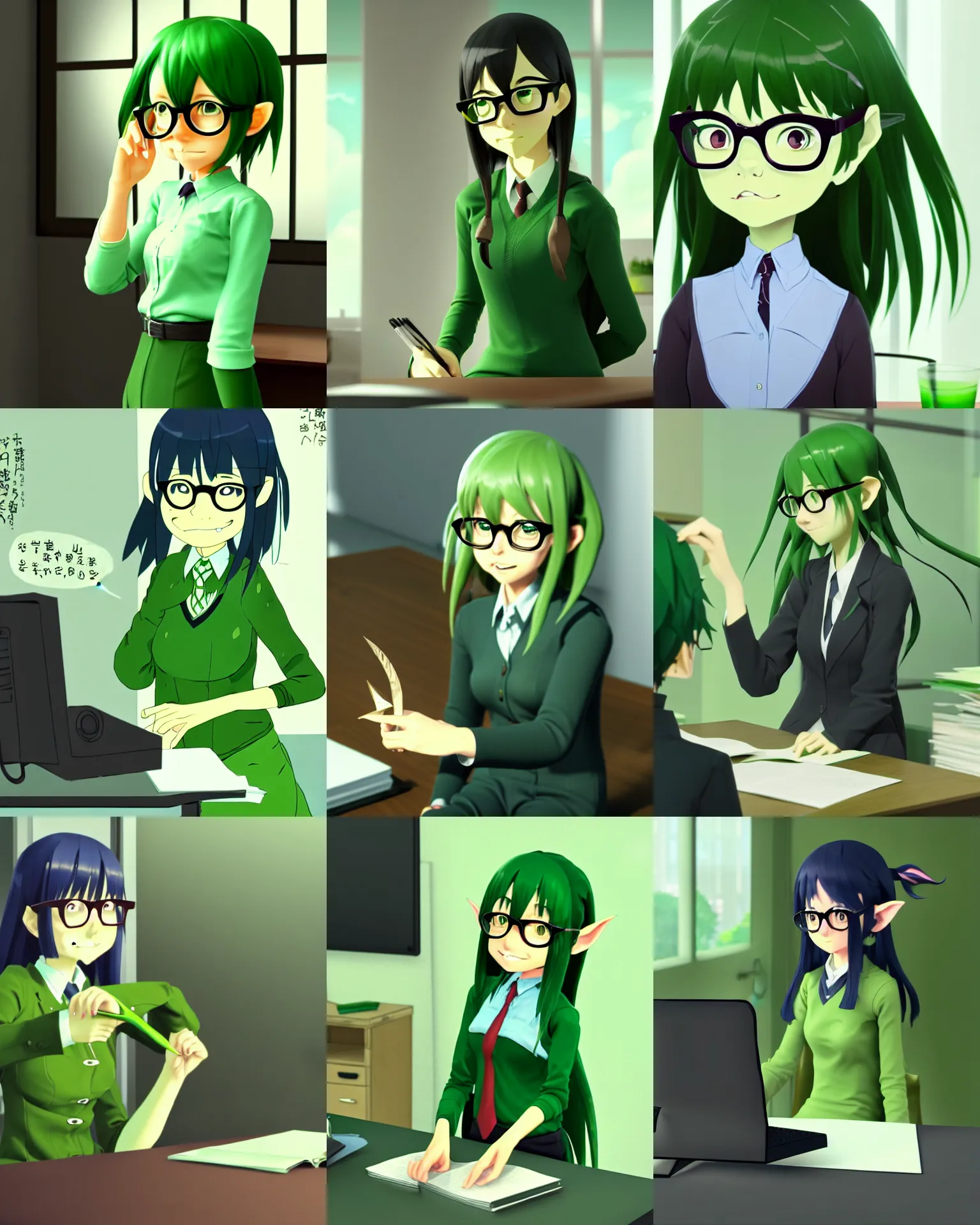 Prompt: beautiful office scene of a green shy fat goblin wearing office clothes, she has a soft kind face with glasses and long hair and very large pointy goblin ears, her skin is green, by makoto shinkai and akihiko yoshida and sebastien begue