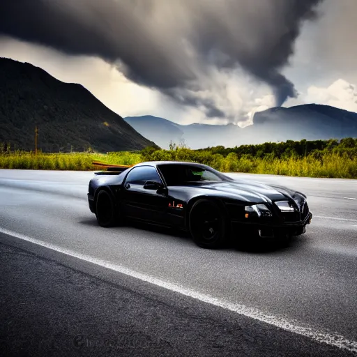 Image similar to black trans - am driving towards the camera, mountain, valley, breathtaking mountains, lake, dynamic, sunrise, cinematic, motionblur, sunbeams, volumetric lighting, wide shot, low angle, large lightning storm