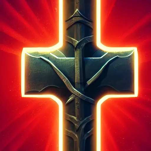 Image similar to game - icon of crossed medieval sword and axe, on a red prism, powerful fantasy epic legends, game icon stylized, digital illustration radiating, a glowing aura, global illumination, ray tracing, 8 k high definition, intricate details, octane render, unreal engine, trending on arstation