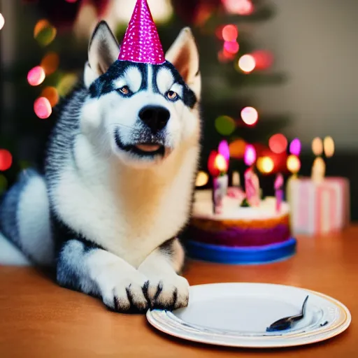 Prompt: a high - quality photo of a cute husky with a birthday cake, 4 5 mm, f 3. 5, sharpened, iso 2 0 0, raw, food photography