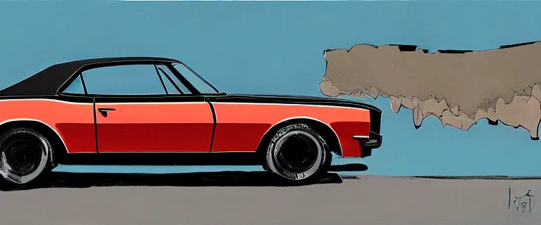 Prompt: black audi camaro b 1 ( 1 9 6 7 ) with stripes, establishing shot, by simon stalenhag