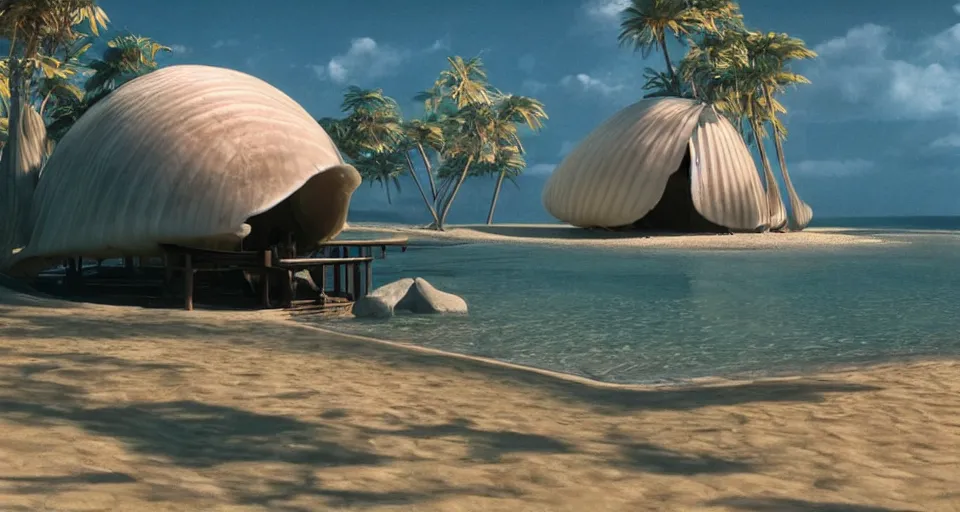 Prompt: a giant seashell house in the middle of nowhere, cinematography by syd mead, gregory crewdson, moebius, j. h. williams iii