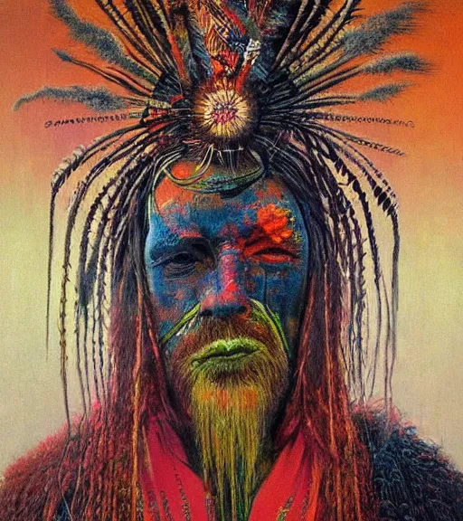 Image similar to Portrait painting in a style of Beksinski mixed with Alex Grey of an old shaman dressed in a colorful traditional clothes. Symmetry