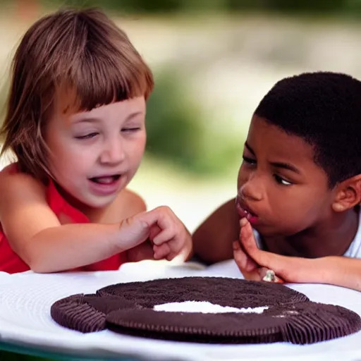 Prompt: kids feasting on a colossal oreo, photorealistic