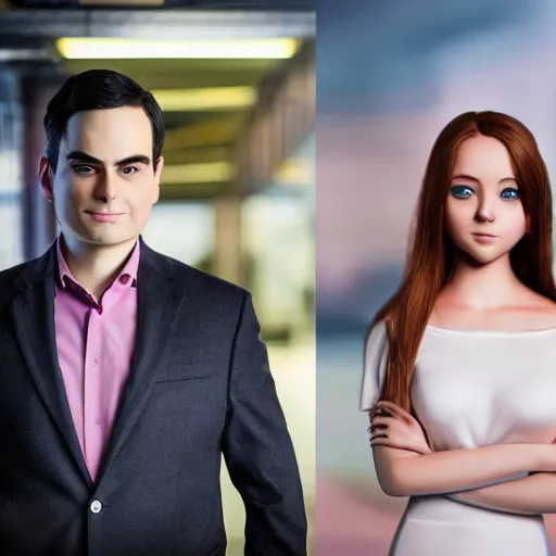 Prompt: cinematic shot epic portrait ben shapiro standing next to his cartoon anime girlfriend, hyper realistic, mood lighting, fantasy, detailed face, highly detailed, super realistic, perfect lighting