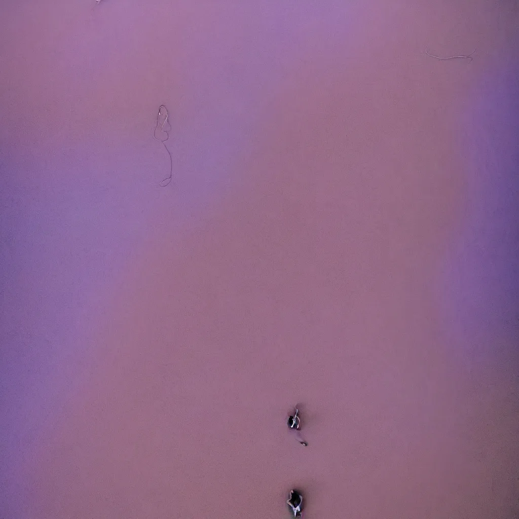 Prompt: aerial view of iridiscent oil spill in desert dunes of sand tempest with women corpses connected by cables and computers to wax forms to a buried baby relaxing on yoga mat, faded, purple gradient, dust, purple fog, depth of field, by werner herzog, hans bellmer and nadav kander, 8 k, sad atmosphere, cinematic