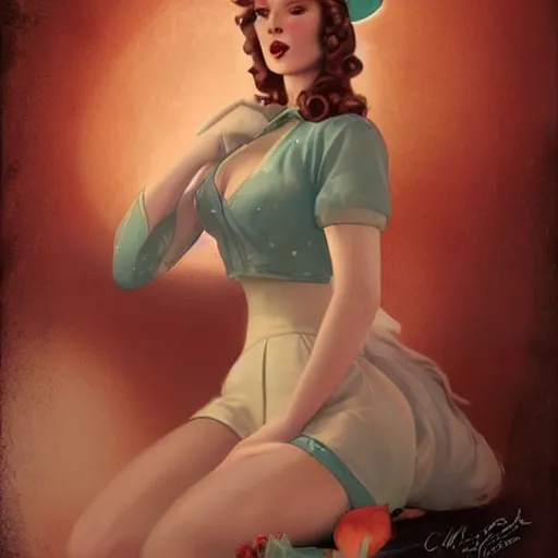 Image similar to a retro pinup by charlie bowater and anna dittmann and gil elvgren.