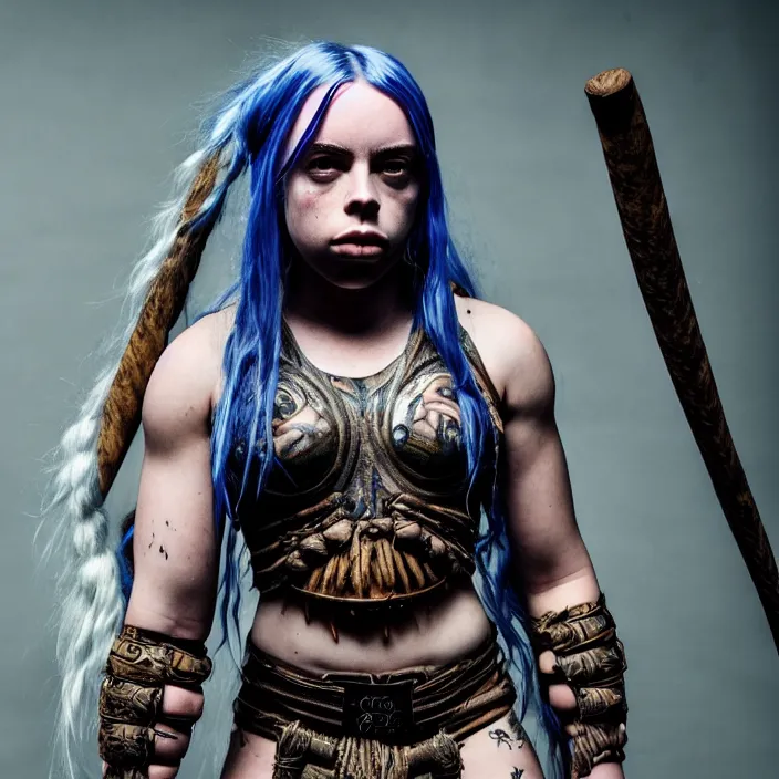 Prompt: full length photo of billie eilish as an muscular amazon warrior, highly detailed, 4 k, hdr, smooth, sharp focus, high resolution, award - winning photo