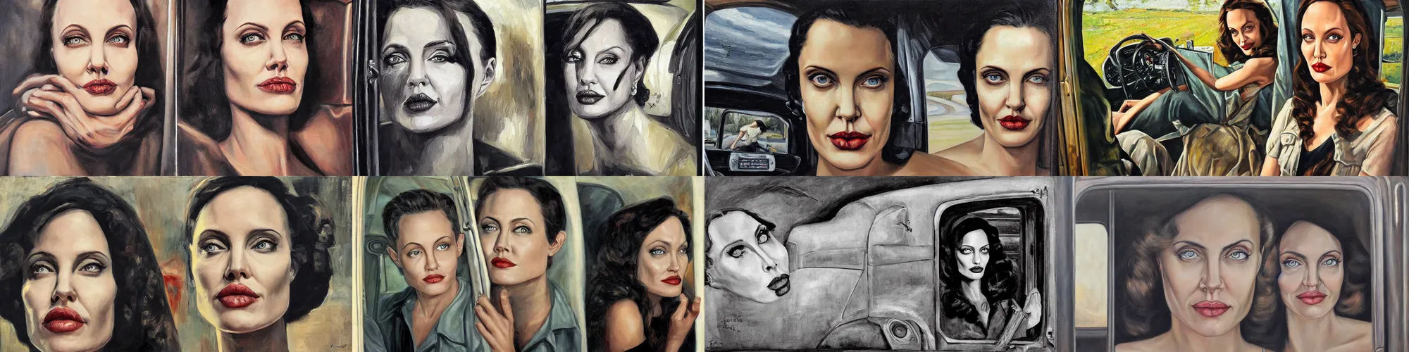 Prompt: symmetrical oil painting half - length portrait gothic truck driver in truck cabin with portrait of angelina jolie by percevel rockwell - from 1 9 4 0 s, symmetrical eyes