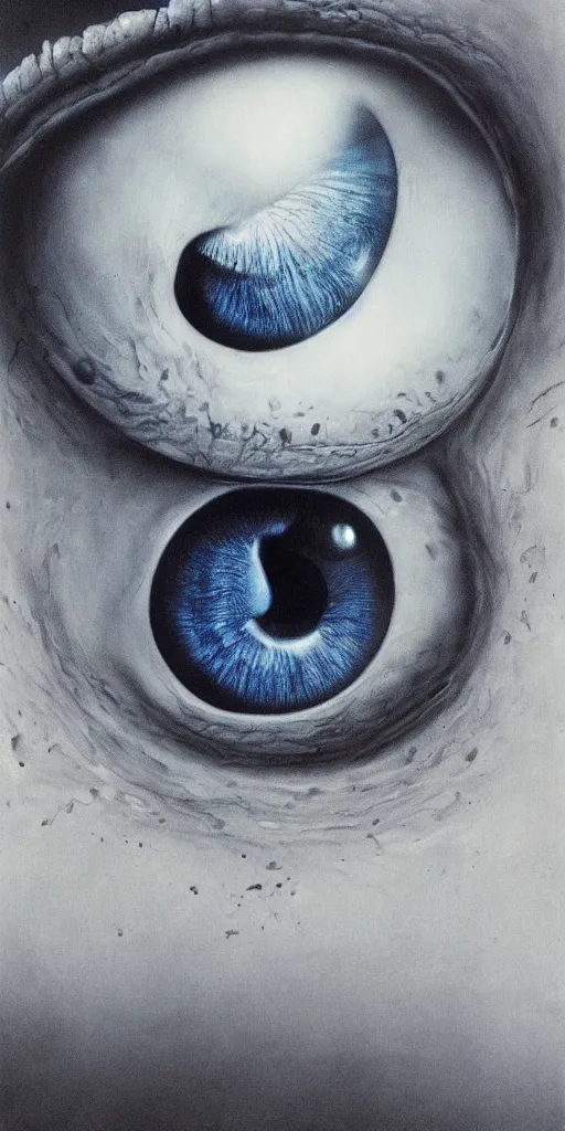 Image similar to zdzisław beksinski eyeball monster blue white black 4 k