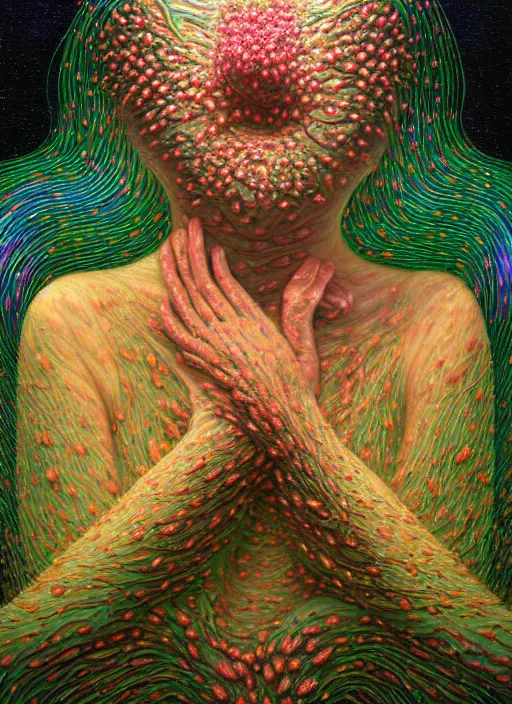 Prompt: hyper detailed 3d render like a Oil painting - Aurora (Singer) Eats of the Strangling network of earthen Fruit and Her delicate Hands hold of gossamer polyp blossoms bring iridescent fungal flowers whose spores black the foolish stars by Jacek Yerka, Mariusz Lewandowski, Houdini algorithmic generative render, Abstract brush strokes, Masterpiece, Edward Hopper and James Gilleard, Zdzislaw Beksinski, Mark Ryden, Wolfgang Lettl, hints of Yayoi Kasuma, octane render, 8k