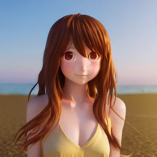 Image similar to Render of a beautiful 3d anime girl, long hair, hazel eyes, cute freckles, full round face, short smile, cute sundress, golden hour, serene beach setting, medium shot, mid-shot, highly detailed, trending on Artstation, Unreal Engine 4k