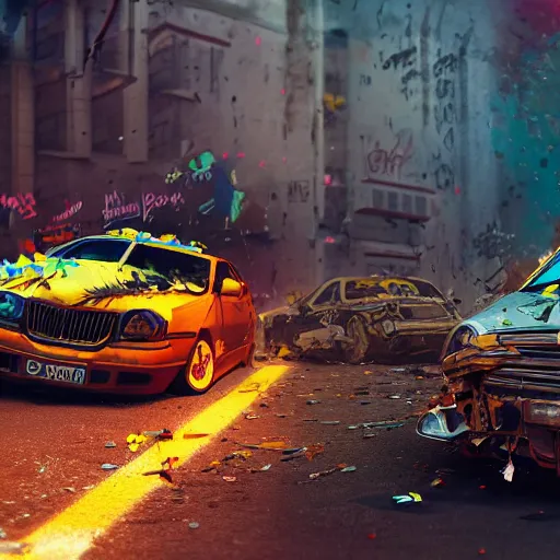 Image similar to car wreckage with ukrainian flag, with graffiti of sunflowers, rusty, volumetric illumination, octane render, cinematic lightning, artstation trending, 8 k