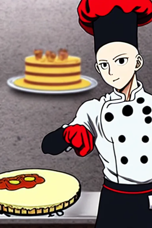 Image similar to chef saitama one punch man, dressed as a pastry chef, making a cake, anime artwork